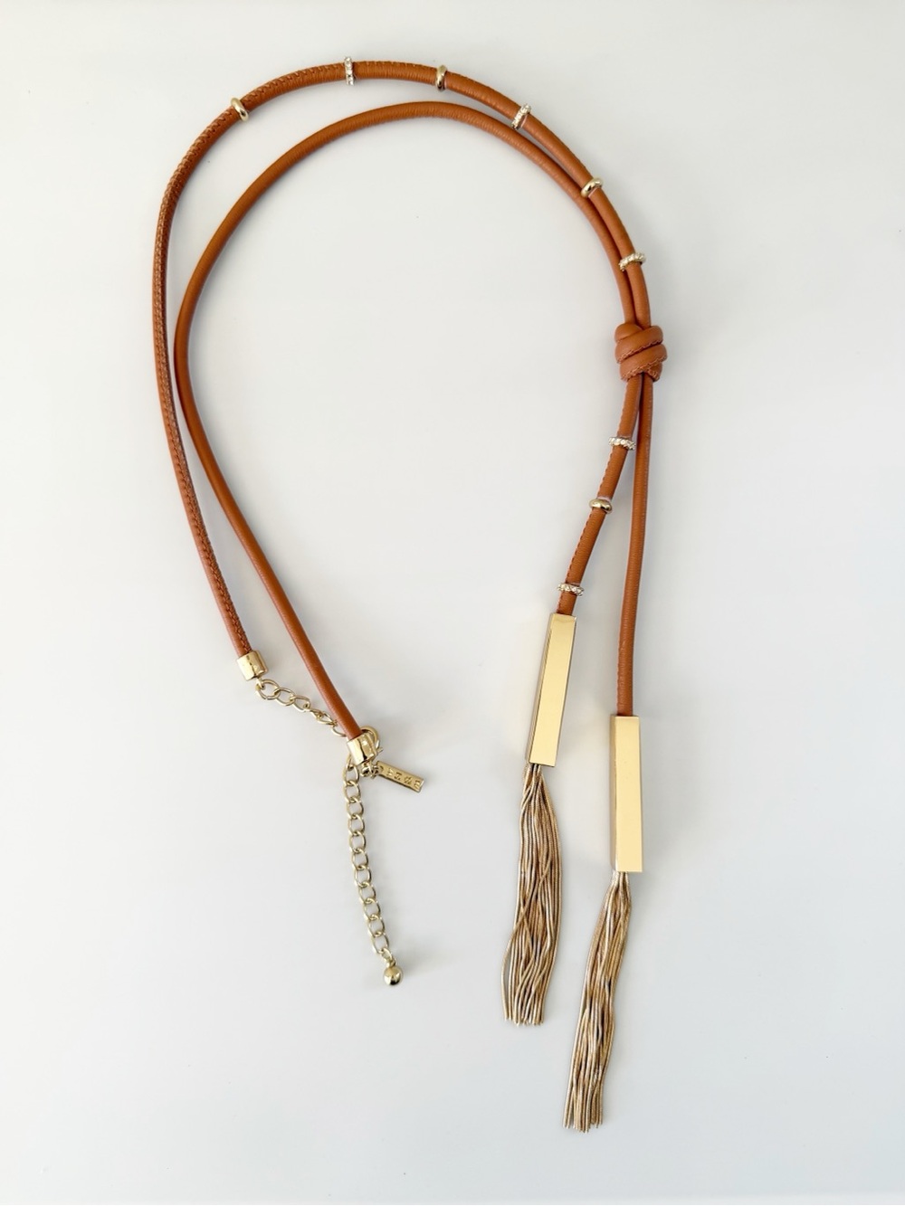 WHBM Brown Leather Rope Gold Tone Tassel Long Necklace NWOT